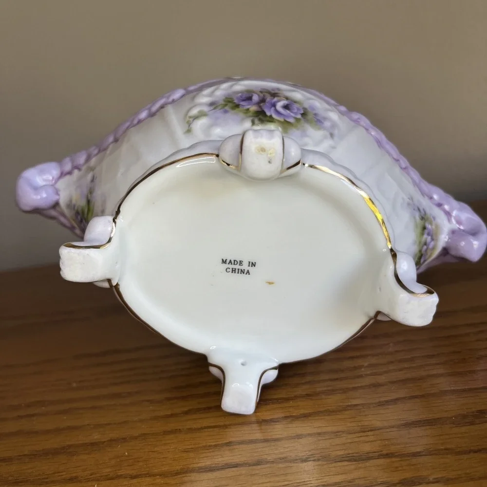 Vintage Cracker Barrel Footed Porcelain Basket Violets 10K Gold Trim Cottagecore